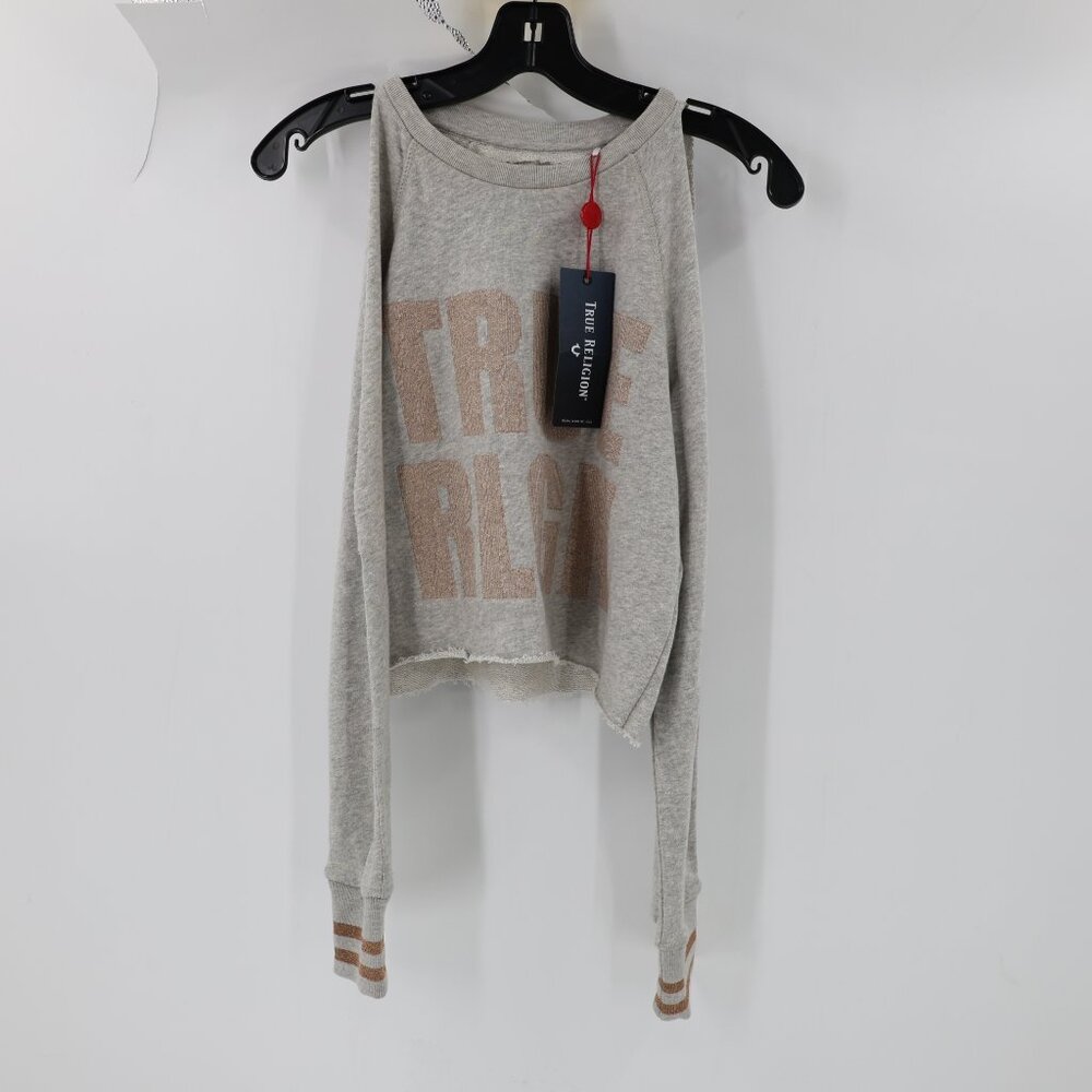 NWT True religion Sweatshirt Womens XS gray Cold Shoulder Sweatshirt embellished - Picture 2 of 13